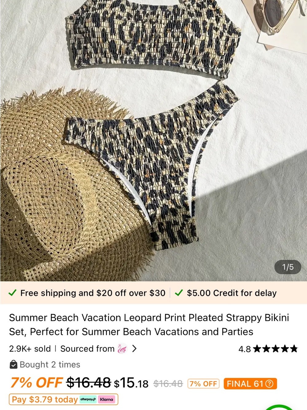Smocked Leopard Print Bikini Set - XL (Fits like M or L)